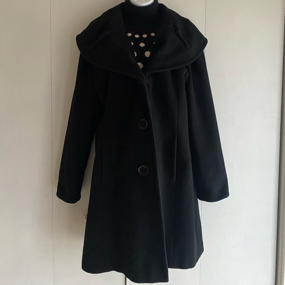 Ellen Tracy Black Wool Angora  Coat Oversized Draped Collar Classic Feminine 14